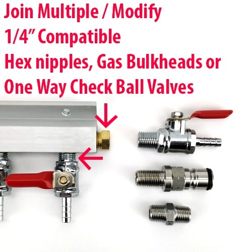 4 Output / 4 Way Manifold Gas Line Splitter with Check Valves (1/4" thread, 6mm Barb) - Three Chins Brewing